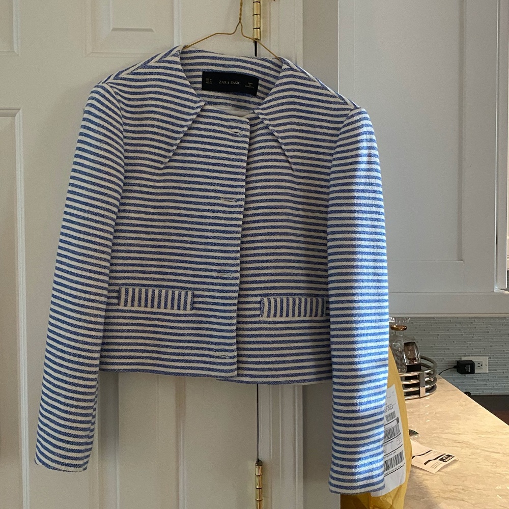 Blue and white striped button down blazer